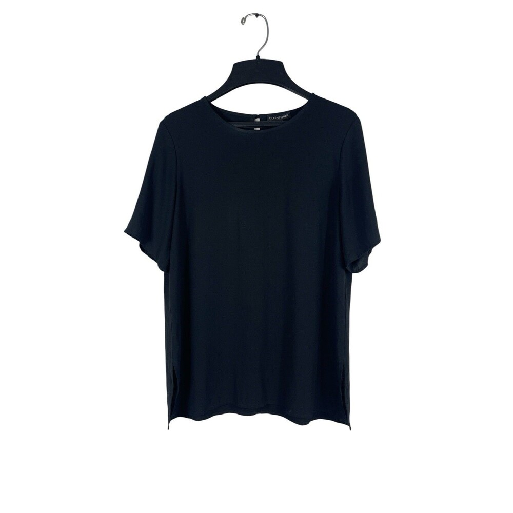 Eileen Fisher XS Black 100% Silk Crepe Short Sleeve Blouse Capsule Office READ